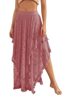 Women's Coral Pink Floral Lace  Asymmetrical Layered Flowy Boho Beach Maxi Skirt